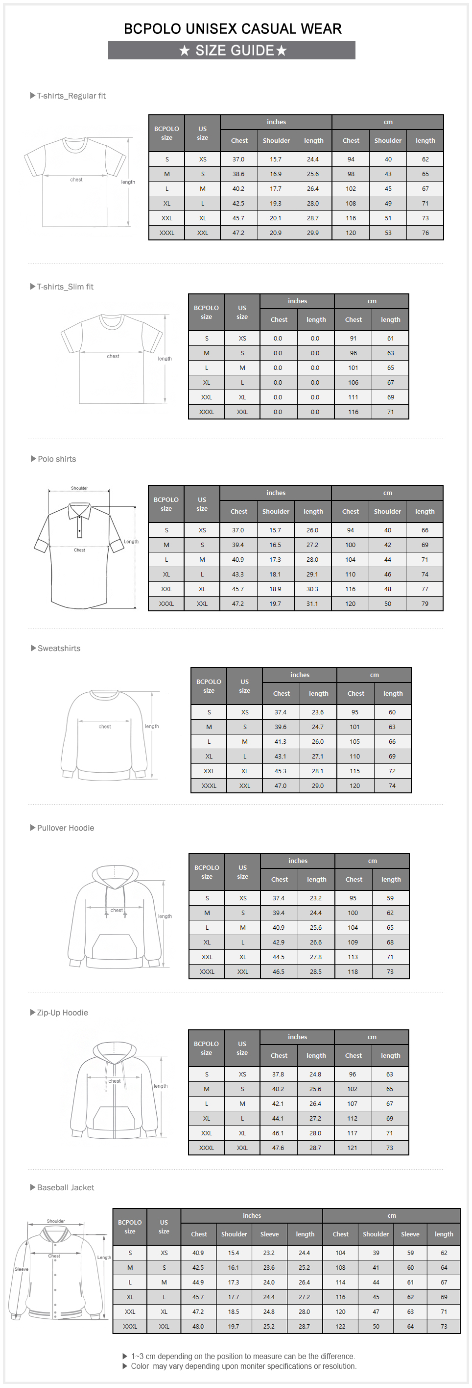 Unisex Polo Shirt Size Chart